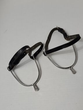 Vintage Leather Stirrup Spurs - Black & Silver
